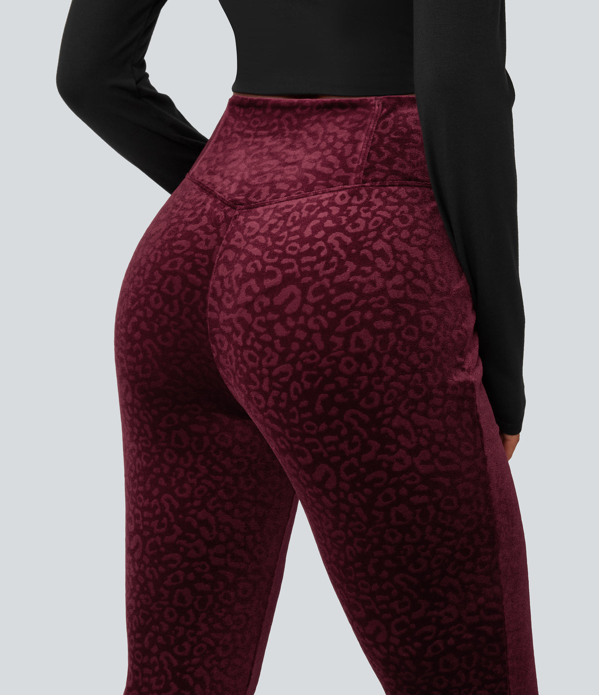 High Waisted Crossover Leopard Print Velvet Casual Flare Trousers with Pockets — Crimson Wild — view 5