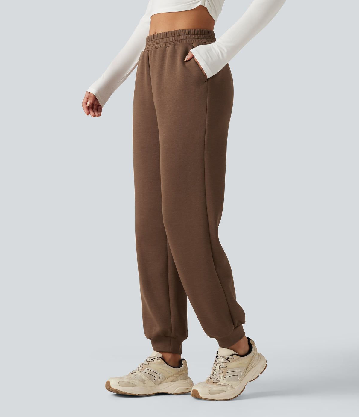 SpacerTek Mid Rise Tapered Casual Sweatpants with Pockets — Cocoa Brown — view 3