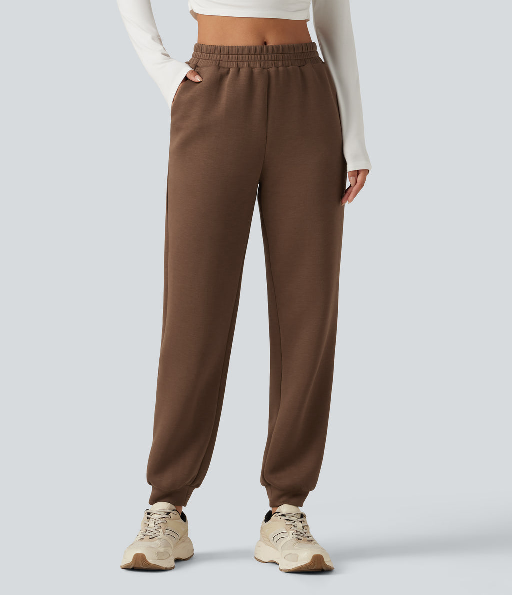 SpacerTek Mid Rise Tapered Casual Sweatpants with Pockets — Cocoa Brown — view 1