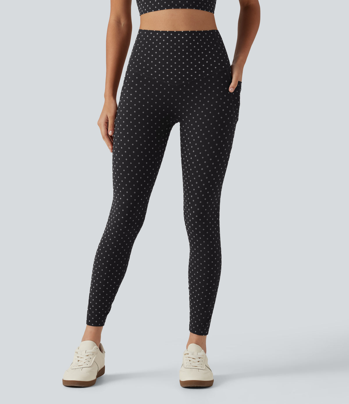 Flocked High Waisted Tummy Control Polka Dot Workout Leggings with Pockets — Midnight Black Dot — view 2