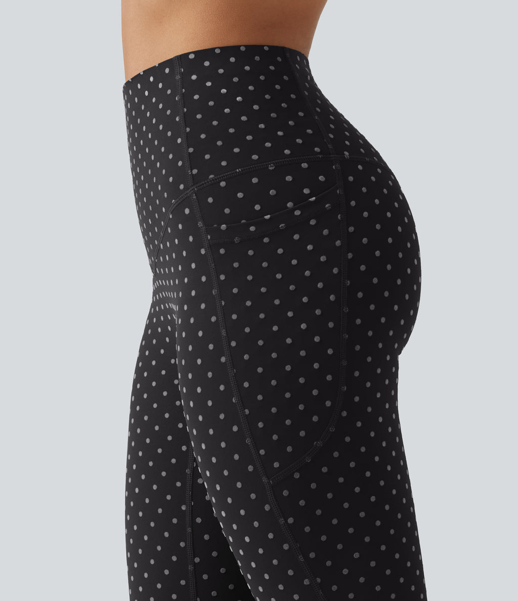 Flocked High Waisted Tummy Control Polka Dot Workout Leggings with Pockets — Midnight Black Dot — view 6