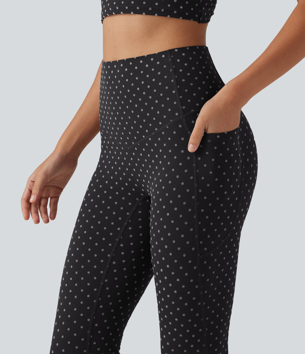 Flocked High Waisted Tummy Control Polka Dot Workout Leggings with Pockets — Midnight Black Dot — view 4