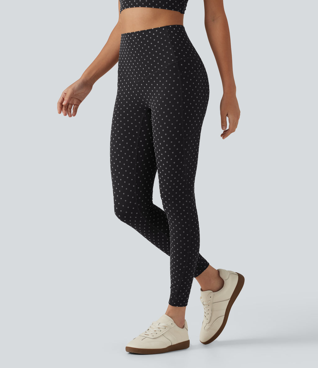 Flocked High Waisted Tummy Control Polka Dot Workout Leggings with Pockets — Midnight Black Dot — view 1