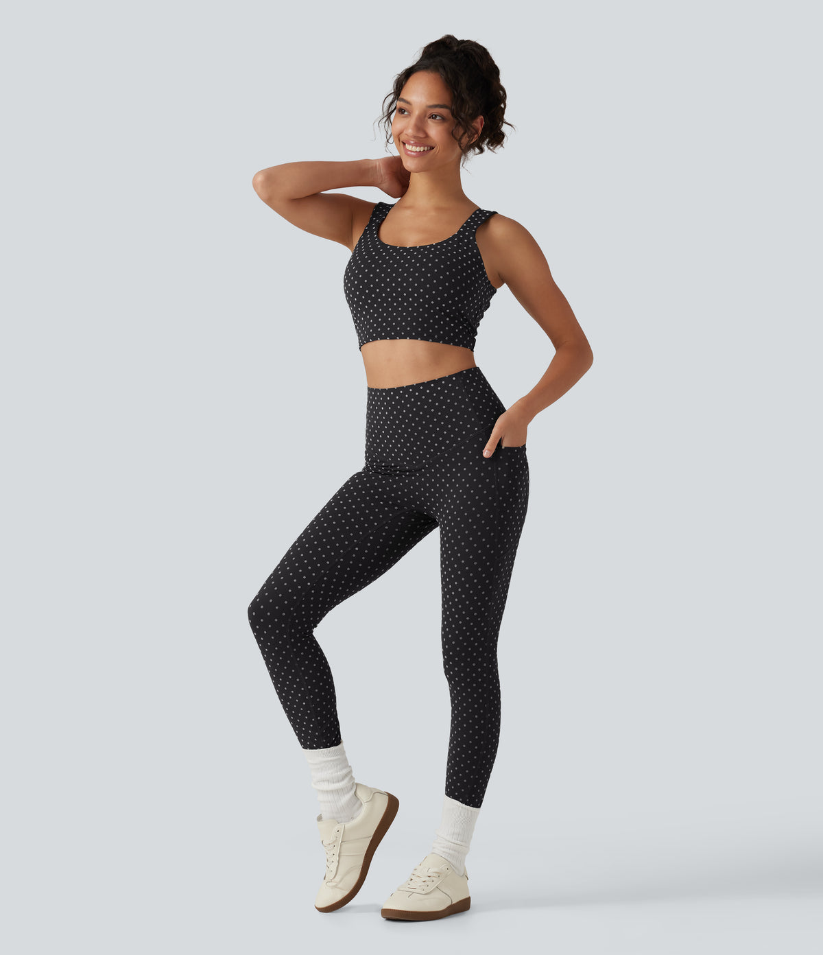 Flocked High Waisted Tummy Control Polka Dot Workout Leggings with Pockets — Midnight Black Dot — view 8
