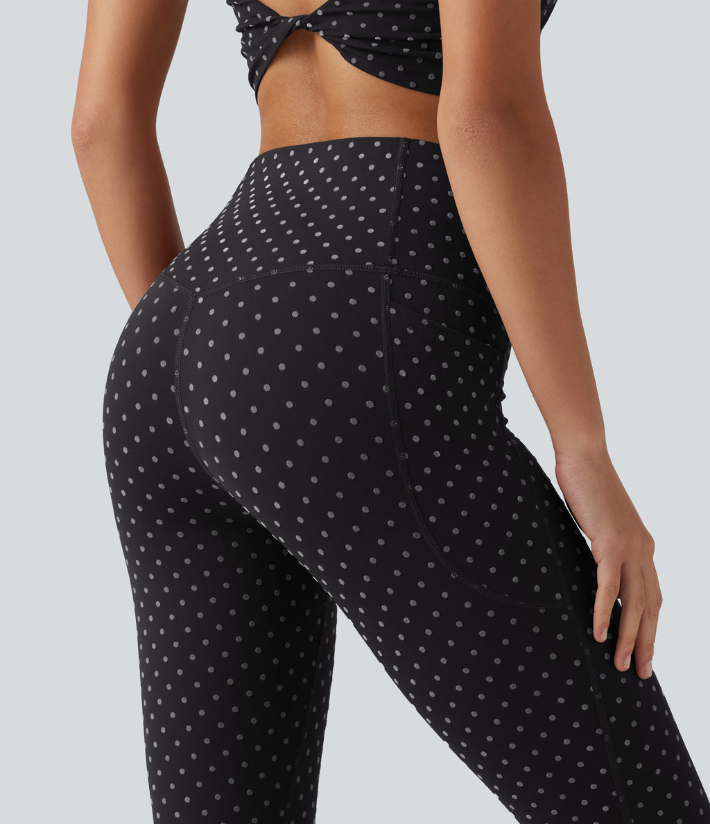 Flocked High Waisted Tummy Control Polka Dot Workout Leggings with Pockets — Midnight Black Dot — view 5