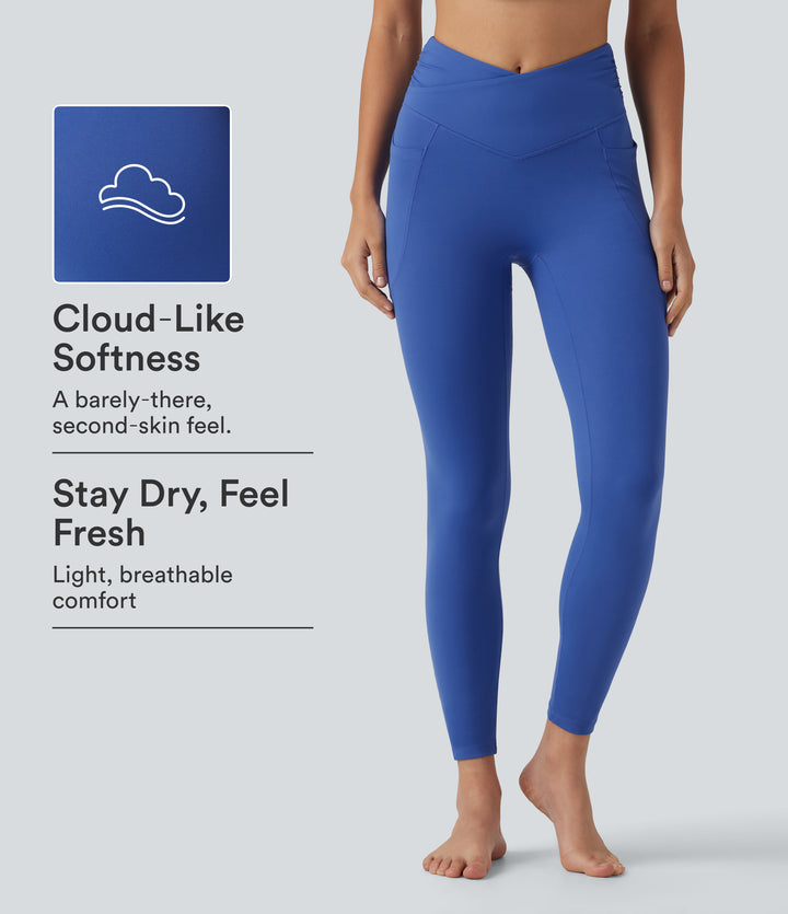 High Waisted Crossover Ruched InstantCool Yoga Leggings with Pockets-UPF50+ — Beaucoup Blue — view 1