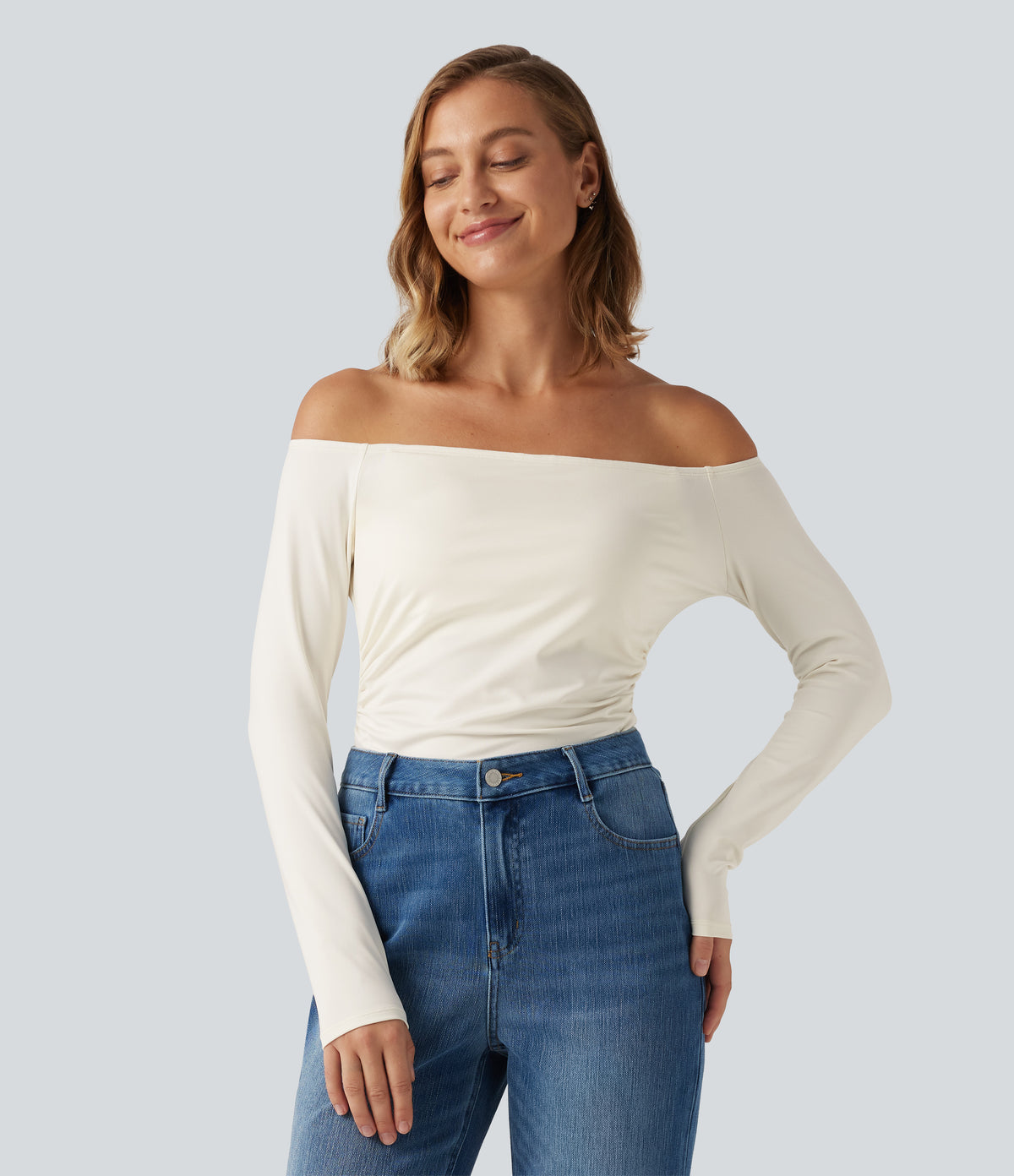 Off Shoulder Built-in Bra Long Sleeve Asymmetric Hem Casual Top — Whisper White — view 5