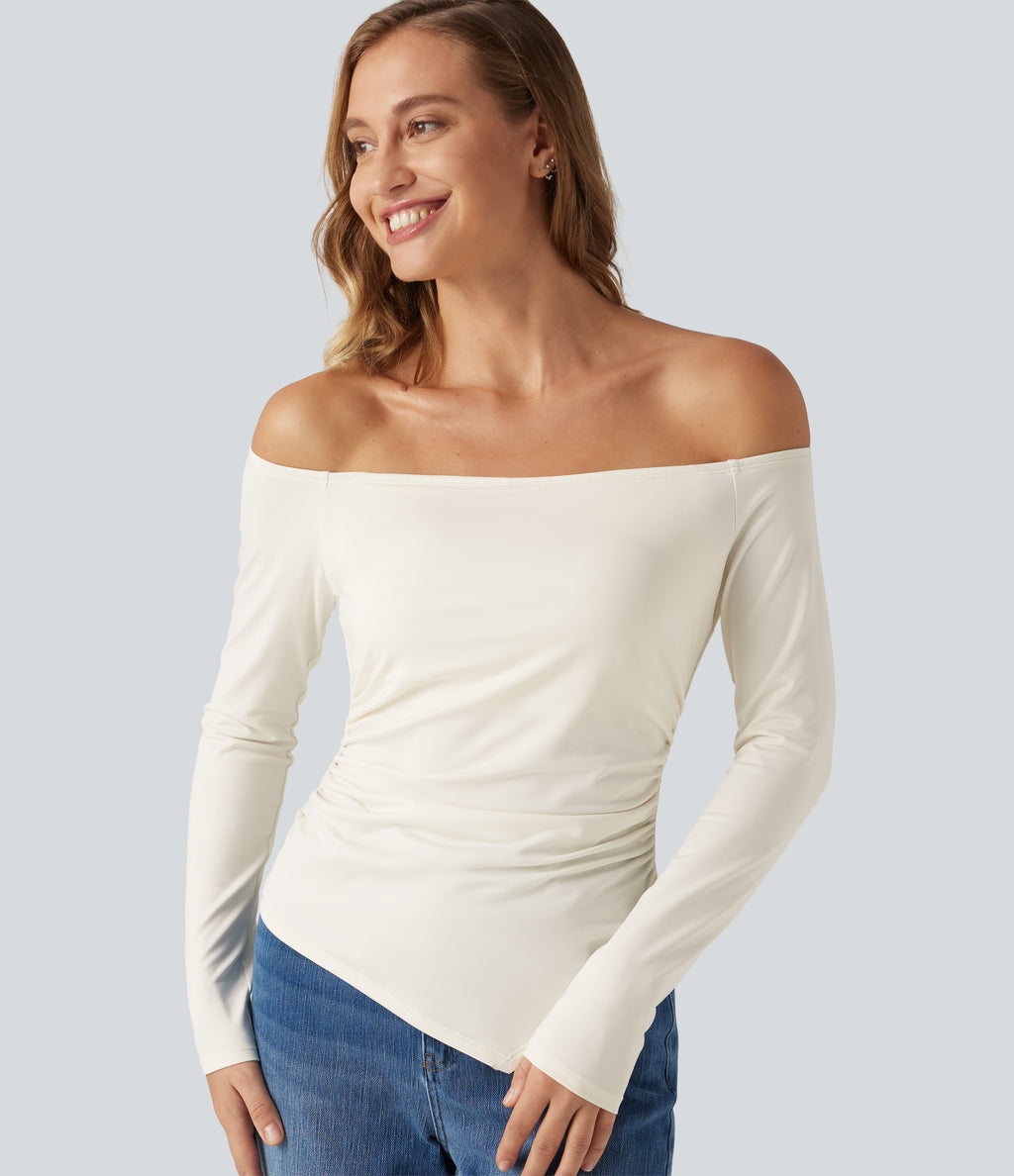 Off Shoulder Built-in Bra Long Sleeve Asymmetric Hem Casual Top — Whisper White — view 1