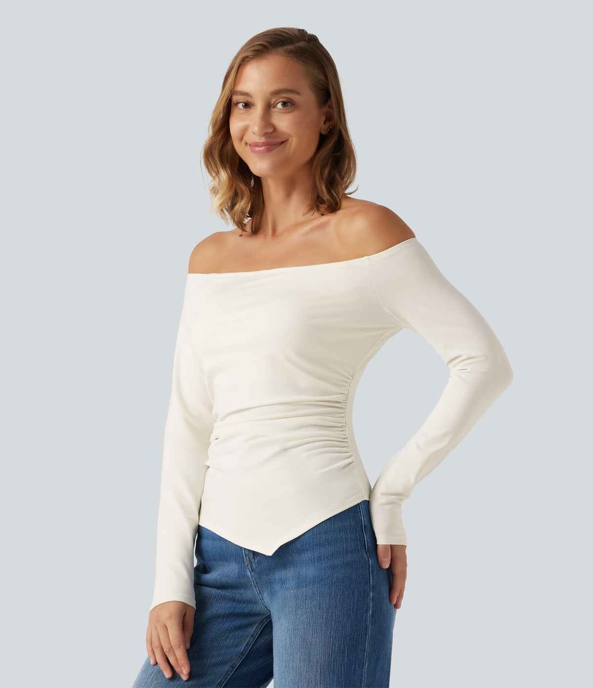 Off Shoulder Built-in Bra Long Sleeve Asymmetric Hem Casual Top — Whisper White — view 6