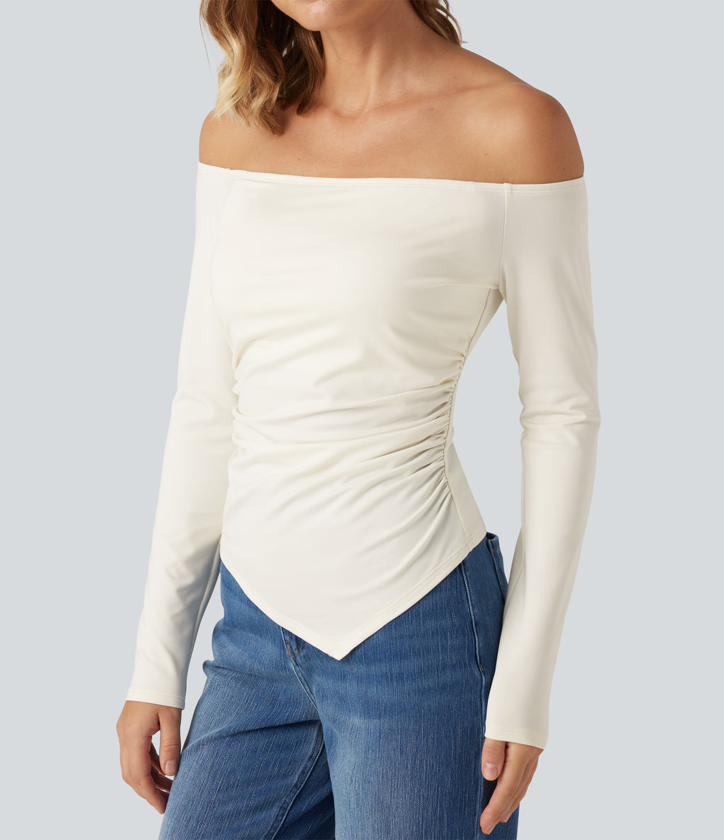 Off Shoulder Built-in Bra Long Sleeve Asymmetric Hem Casual Top — Whisper White — view 7
