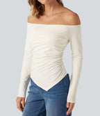 Off Shoulder Built-in Bra Long Sleeve Asymmetric Hem Casual Top — Whisper White — view 7