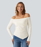 Off Shoulder Built-in Bra Long Sleeve Asymmetric Hem Casual Top — Whisper White — view 3