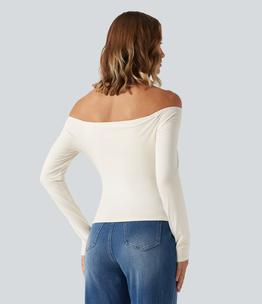Off Shoulder Built-in Bra Long Sleeve Asymmetric Hem Casual Top — Whisper White — view 2