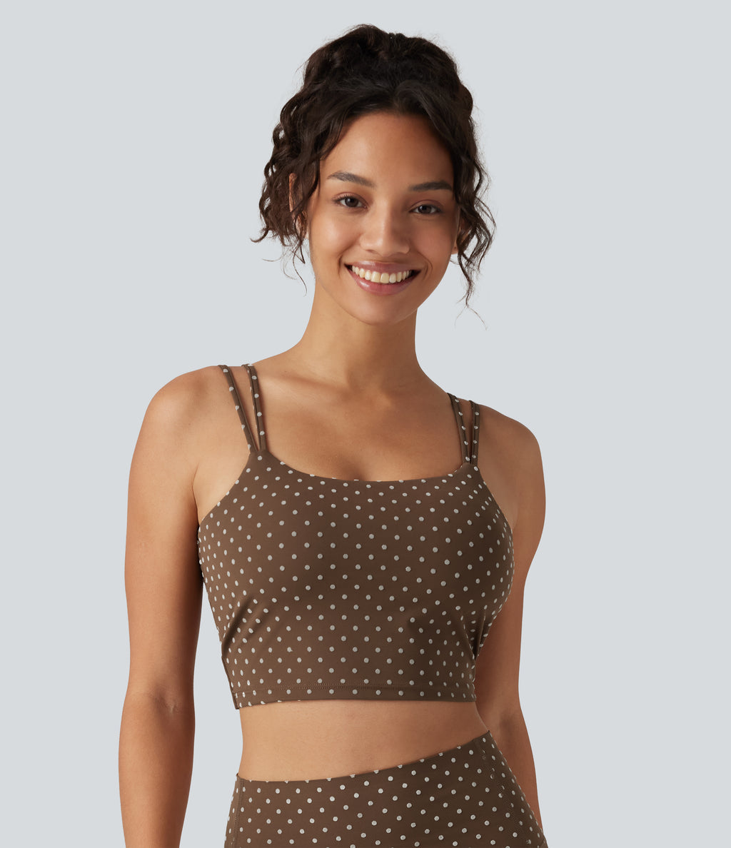 Light Support Backless Built-in Bra Flocked Polka Dot Yoga Sports Bra — Golden Brown Dot — view 3