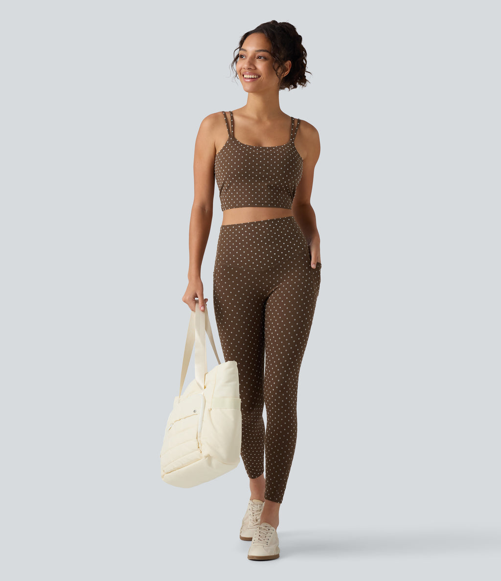 Light Support Backless Built-in Bra Flocked Polka Dot Yoga Sports Bra — Golden Brown Dot — view 8