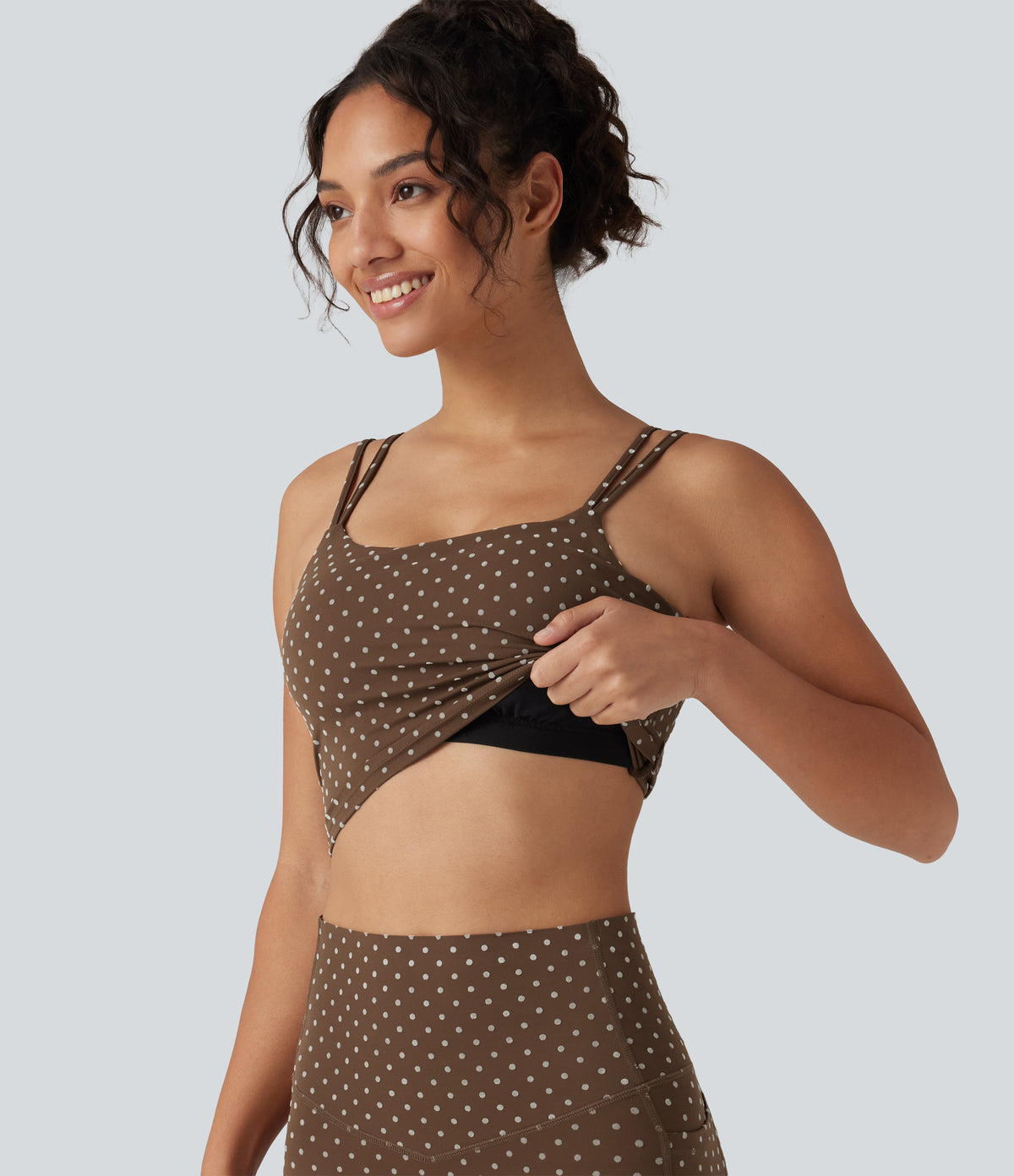 Light Support Backless Built-in Bra Flocked Polka Dot Yoga Sports Bra — Golden Brown Dot — view 1