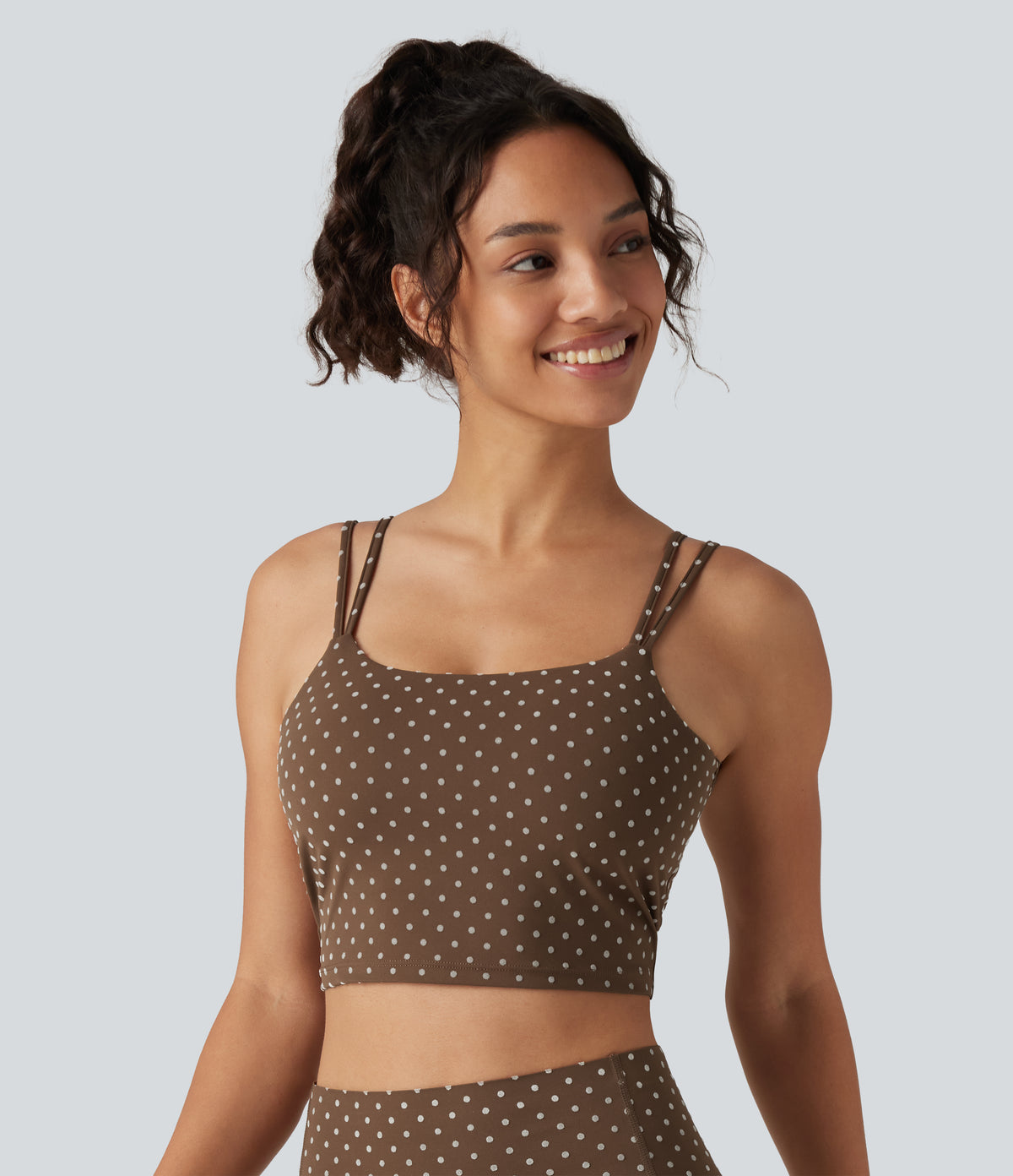 Light Support Backless Built-in Bra Flocked Polka Dot Yoga Sports Bra — Golden Brown Dot — view 4