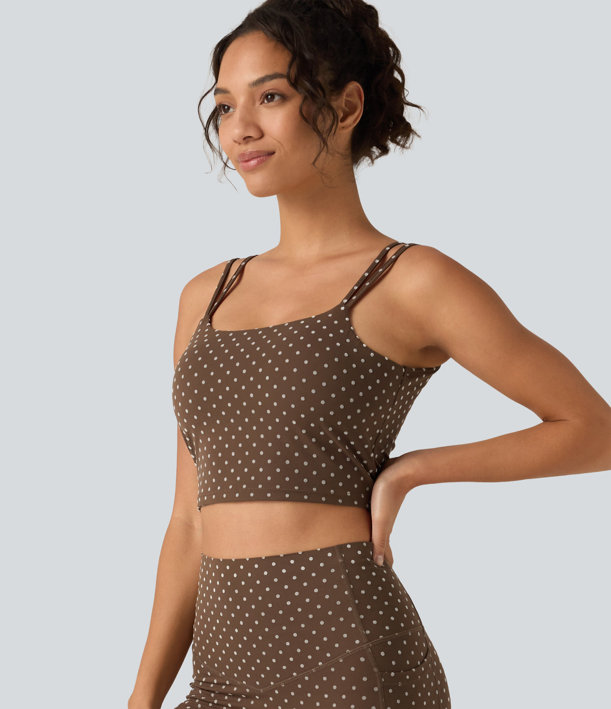 Light Support Backless Built-in Bra Flocked Polka Dot Yoga Sports Bra — Golden Brown Dot — view 5