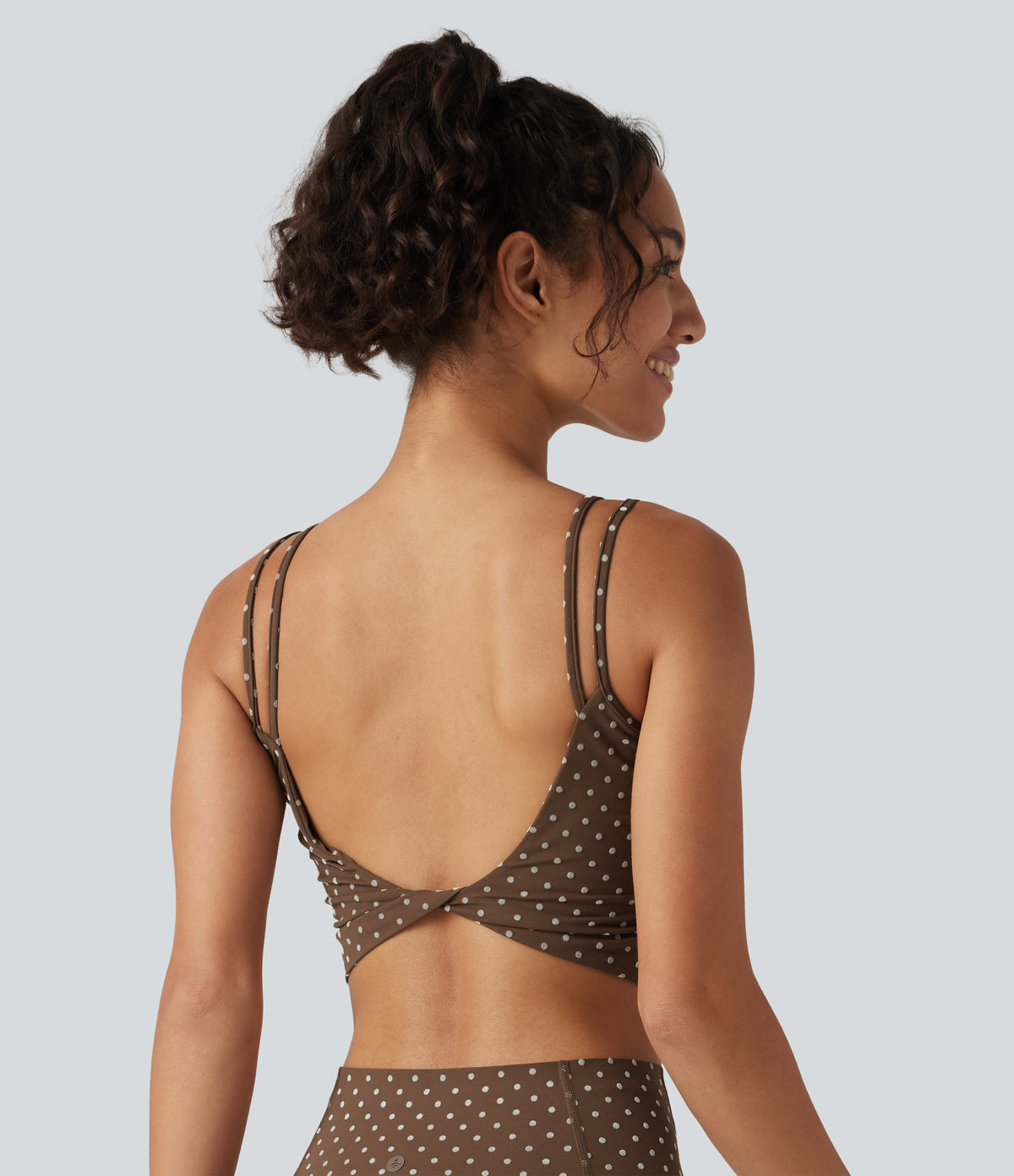 Light Support Backless Built-in Bra Flocked Polka Dot Yoga Sports Bra — Golden Brown Dot — view 2
