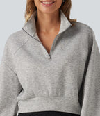 Stand Collar Half-Zip Raglan Long Sleeve Casual Cropped Sweatshirt — Fog Gray — view 6