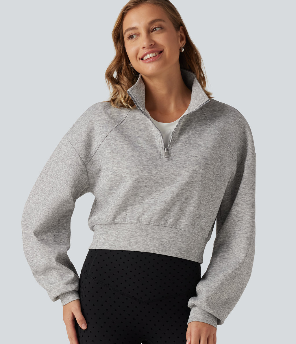 Stand Collar Half-Zip Raglan Long Sleeve Casual Cropped Sweatshirt — Fog Gray — view 7