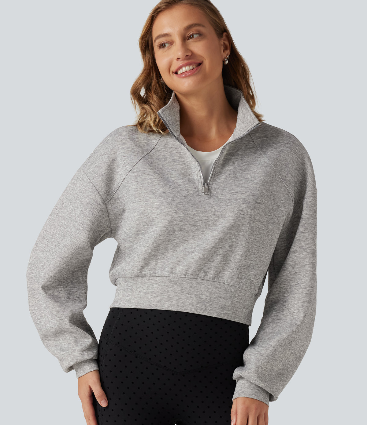 Stand Collar Half-Zip Raglan Long Sleeve Casual Cropped Sweatshirt — Fog Gray — view 7