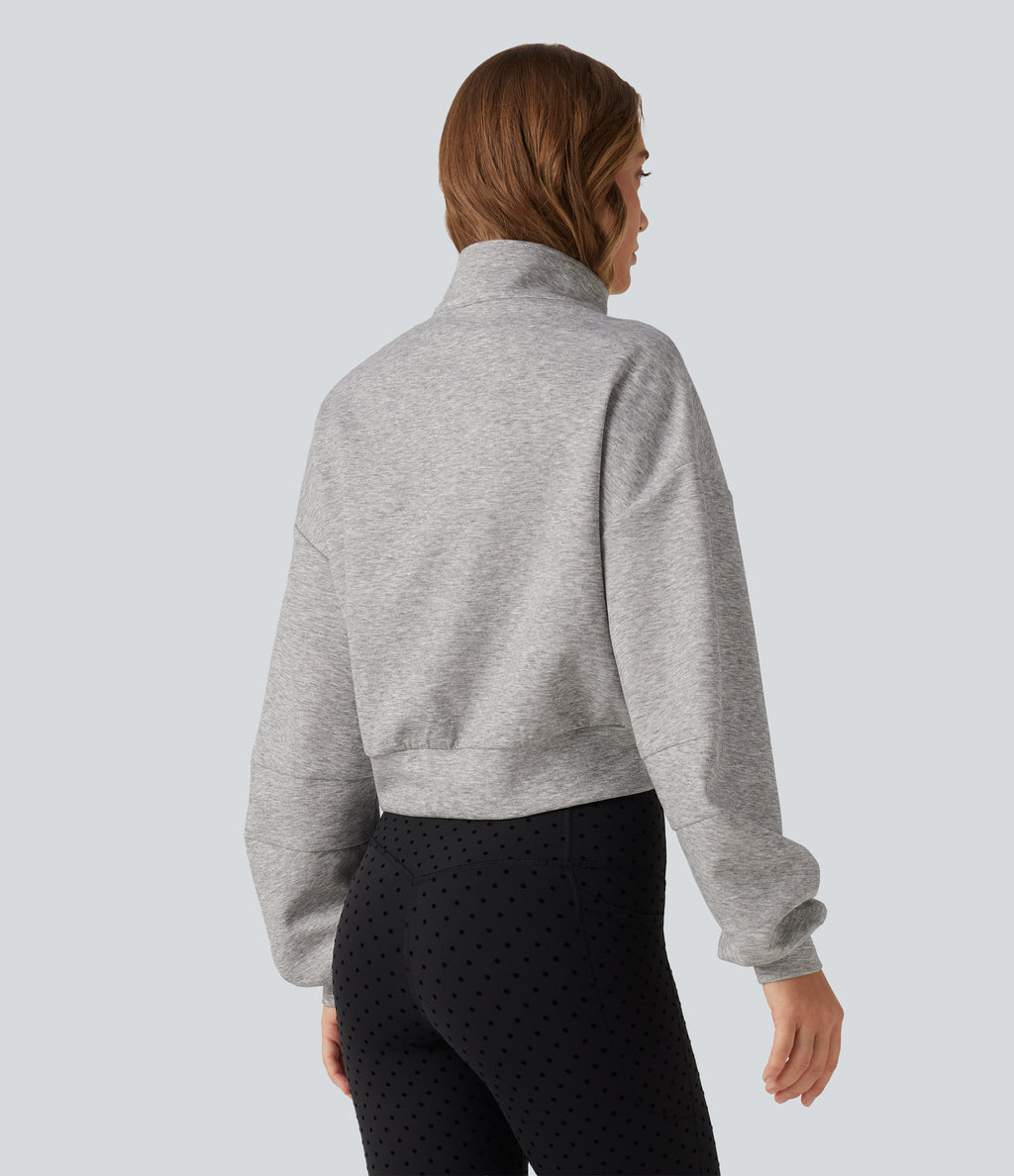 Stand Collar Half-Zip Raglan Long Sleeve Casual Cropped Sweatshirt — Fog Gray — view 2