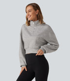 Stand Collar Half-Zip Raglan Long Sleeve Casual Cropped Sweatshirt — Fog Gray — view 8