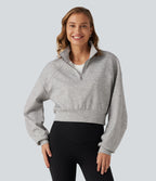 Stand Collar Half-Zip Raglan Long Sleeve Casual Cropped Sweatshirt — Fog Gray — view 3