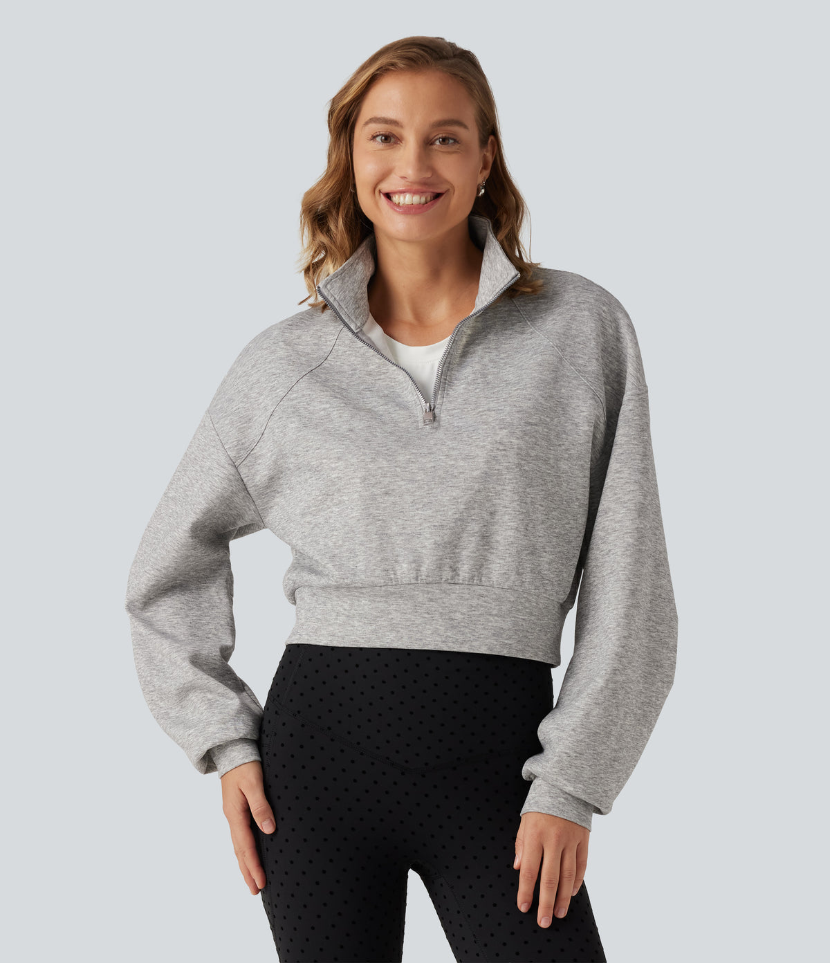 Stand Collar Half-Zip Raglan Long Sleeve Casual Cropped Sweatshirt — Fog Gray — view 3