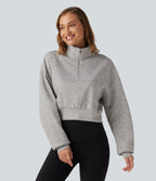 Stand Collar Half-Zip Raglan Long Sleeve Casual Cropped Sweatshirt — Fog Gray — view 4