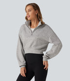 Stand Collar Half-Zip Raglan Long Sleeve Casual Cropped Sweatshirt — Fog Gray — view 1