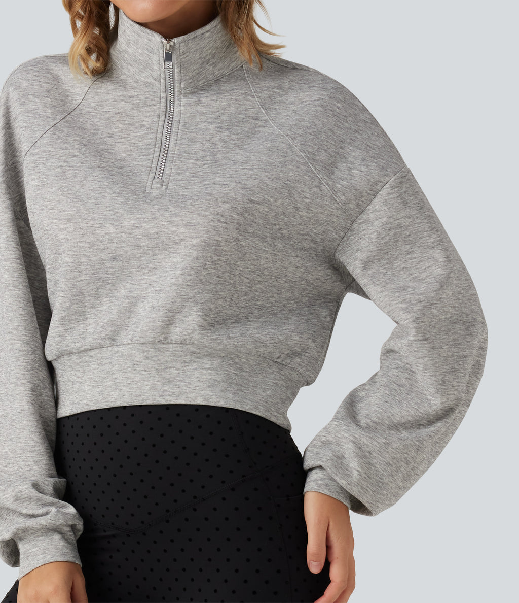 Stand Collar Half-Zip Raglan Long Sleeve Casual Cropped Sweatshirt — Fog Gray — view 5
