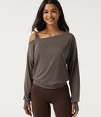 One Shoulder Long Sleeve Thumb Hole Yoga Sports Top — Brown — view 4