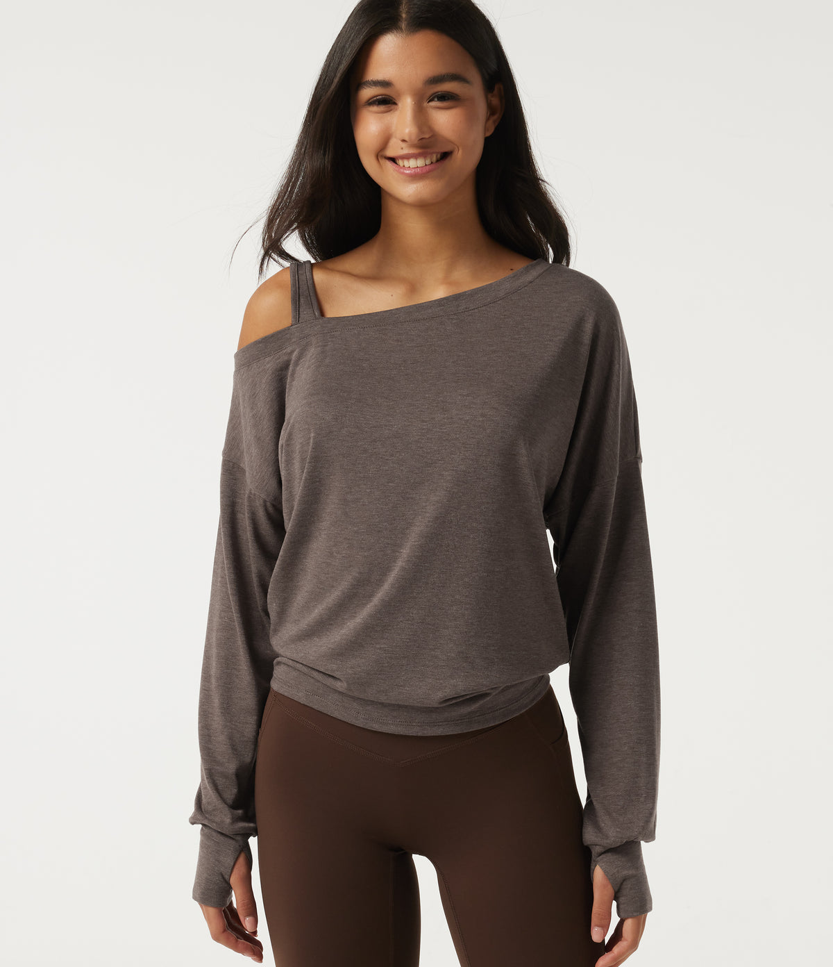 One Shoulder Long Sleeve Thumb Hole Yoga Sports Top — Brown — view 4