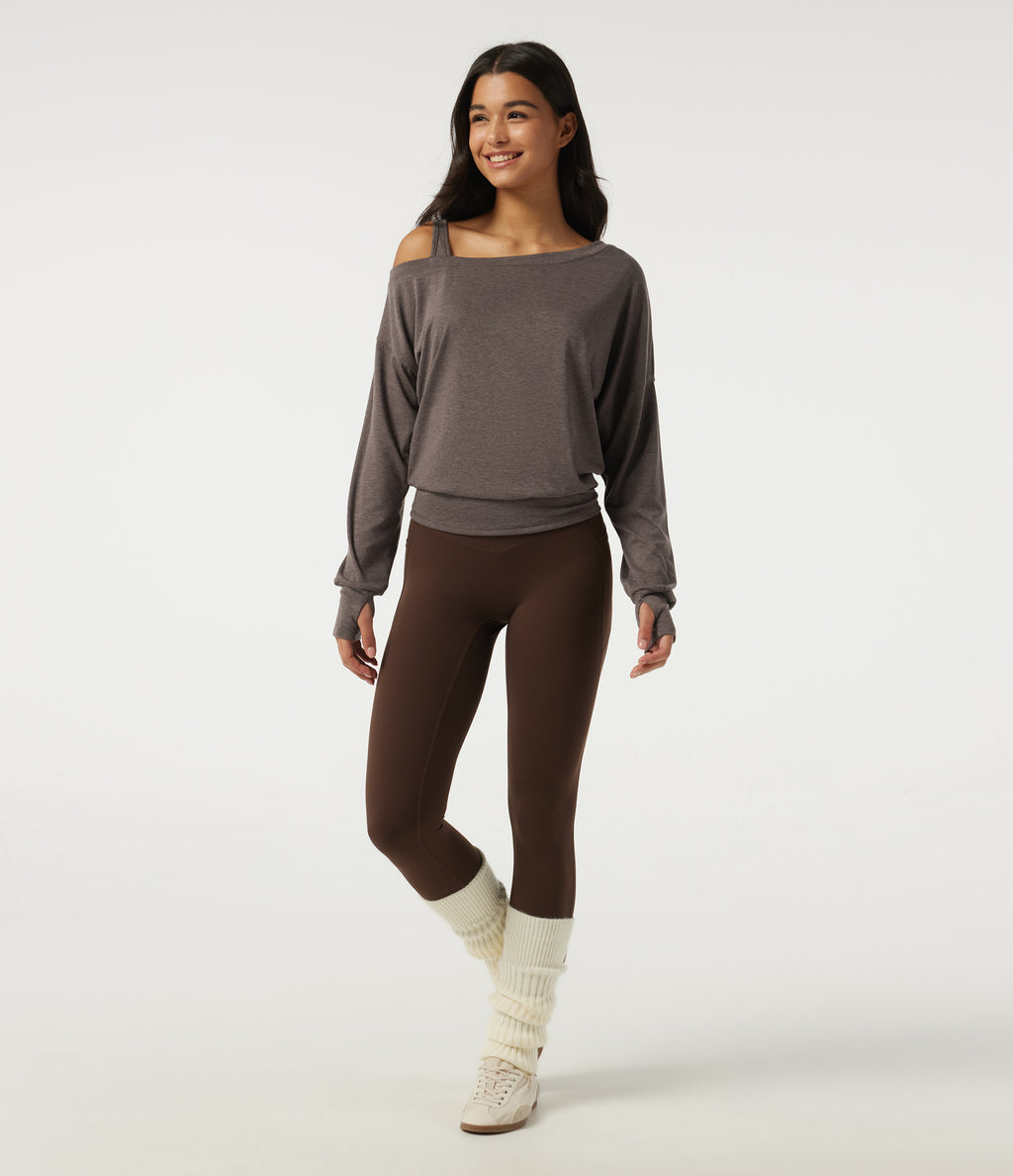 One Shoulder Long Sleeve Thumb Hole Yoga Sports Top — Brown — view 7