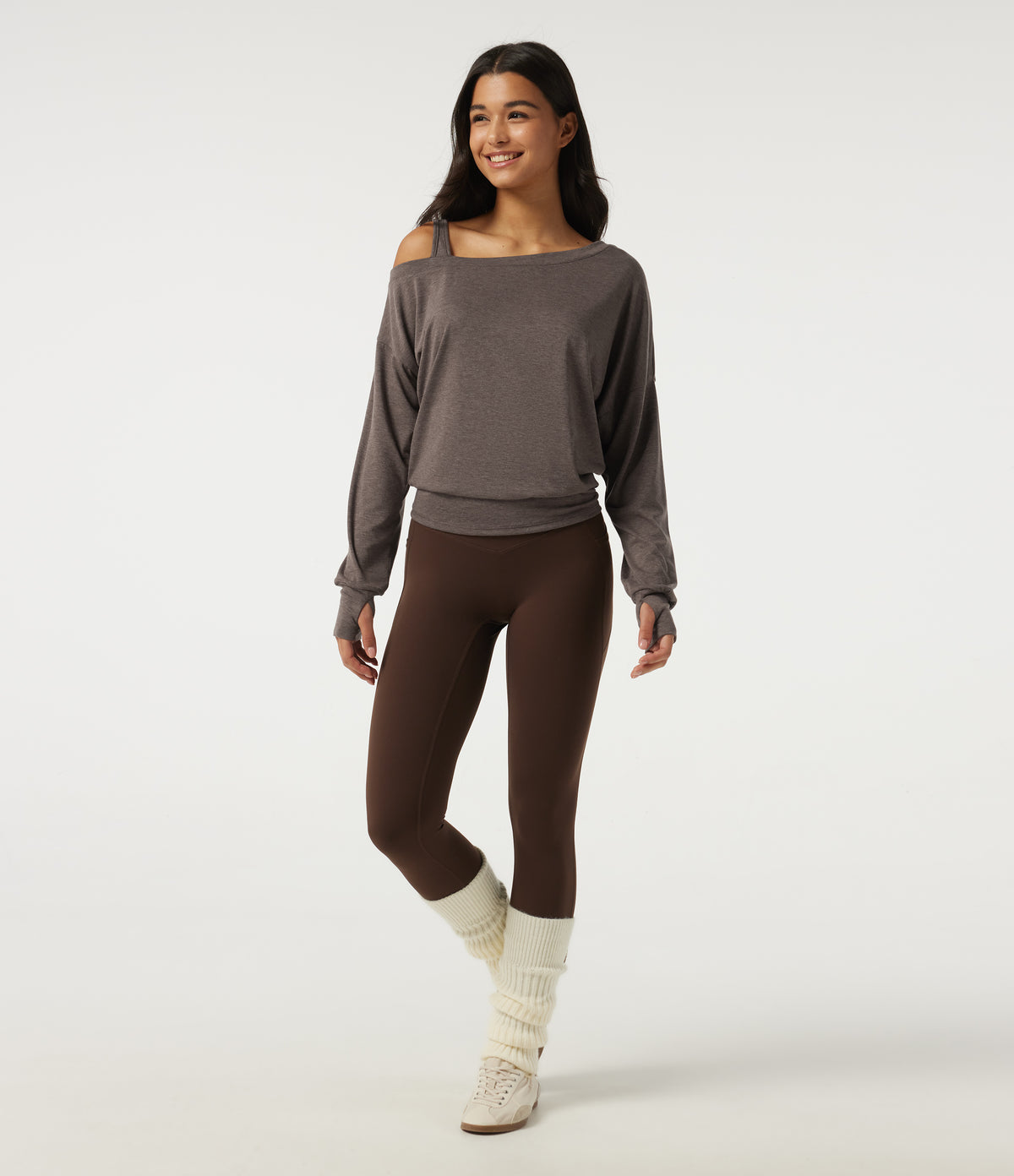 One Shoulder Long Sleeve Thumb Hole Yoga Sports Top — Brown — view 7