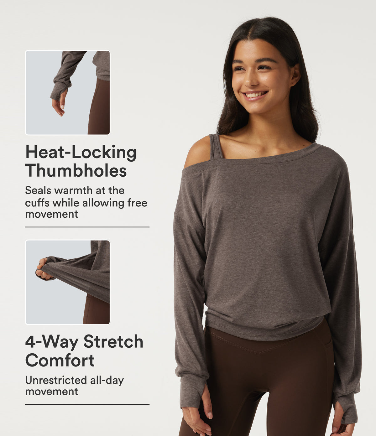 One Shoulder Long Sleeve Thumb Hole Yoga Sports Top — Brown — view 1