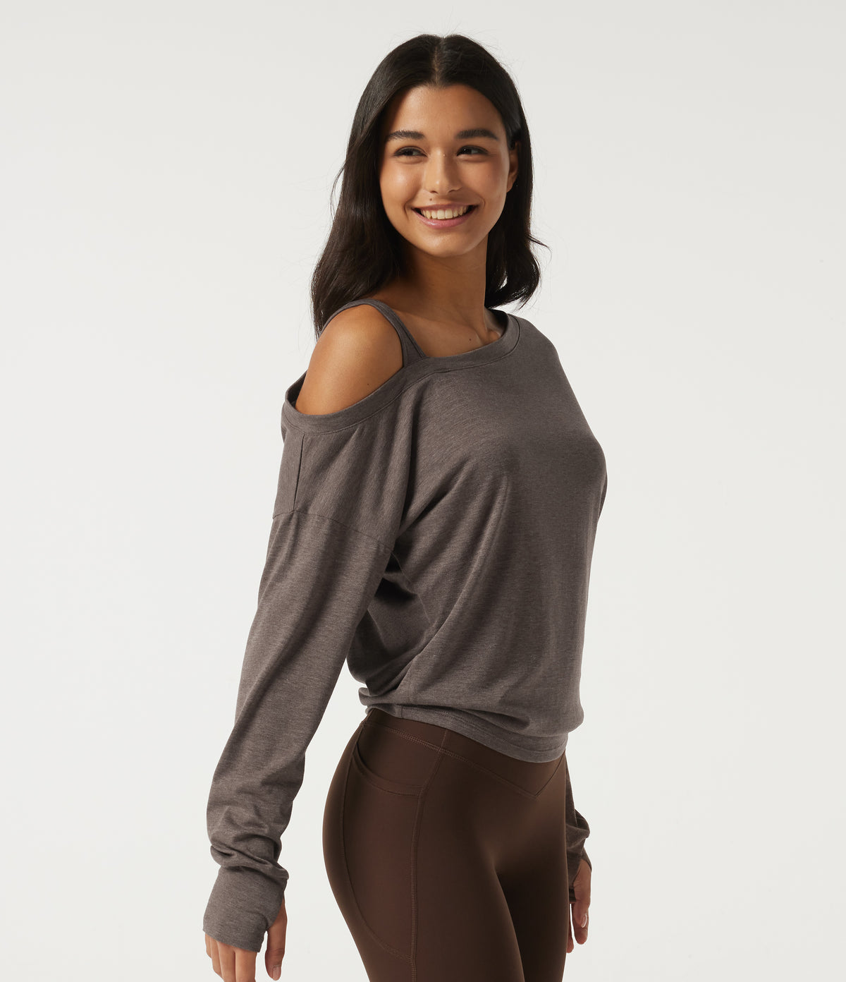 One Shoulder Long Sleeve Thumb Hole Yoga Sports Top — Brown — view 3