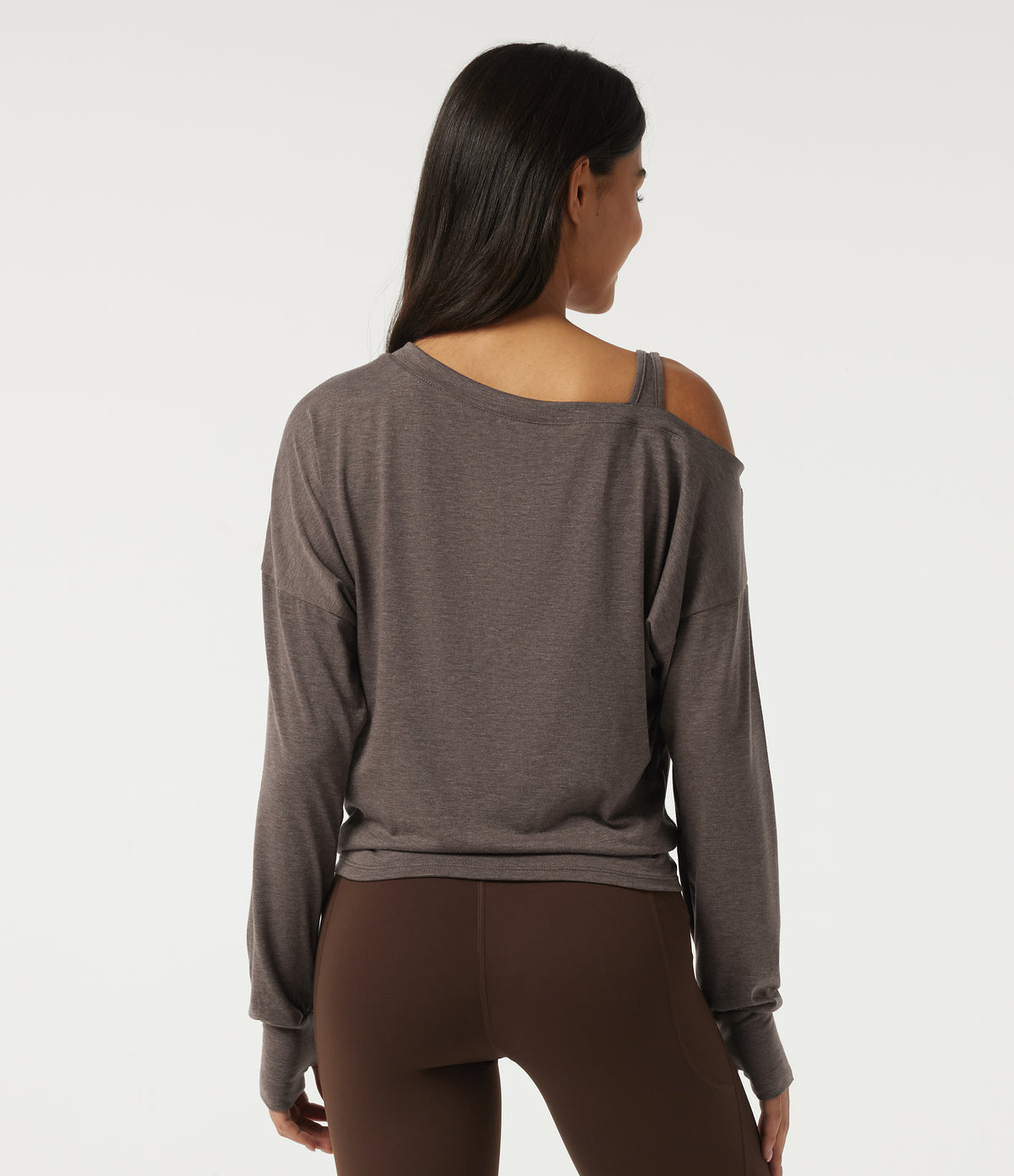 One Shoulder Long Sleeve Thumb Hole Yoga Sports Top — Brown — view 2