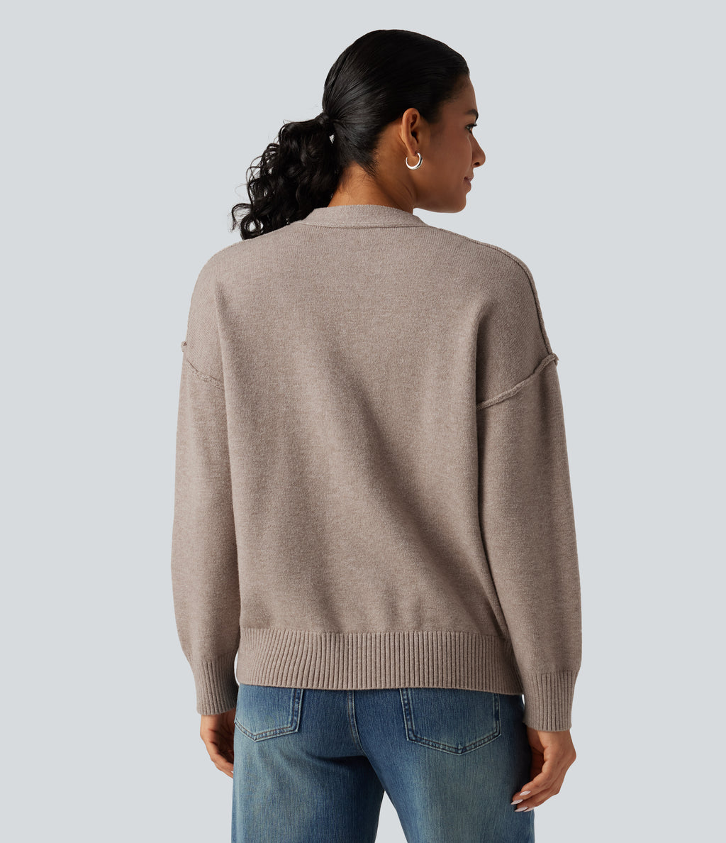 Dropped Long Sleeve Casual Cardigan — Light Taupe — view 2