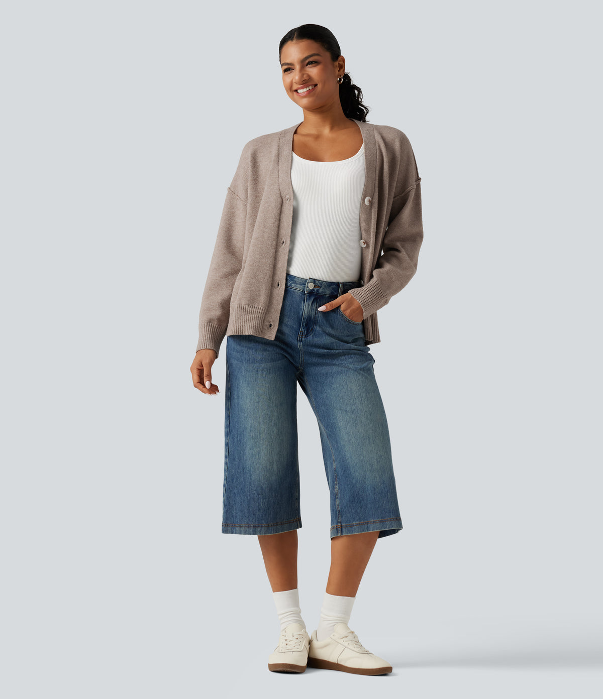 Dropped Long Sleeve Casual Cardigan — Light Taupe — view 8