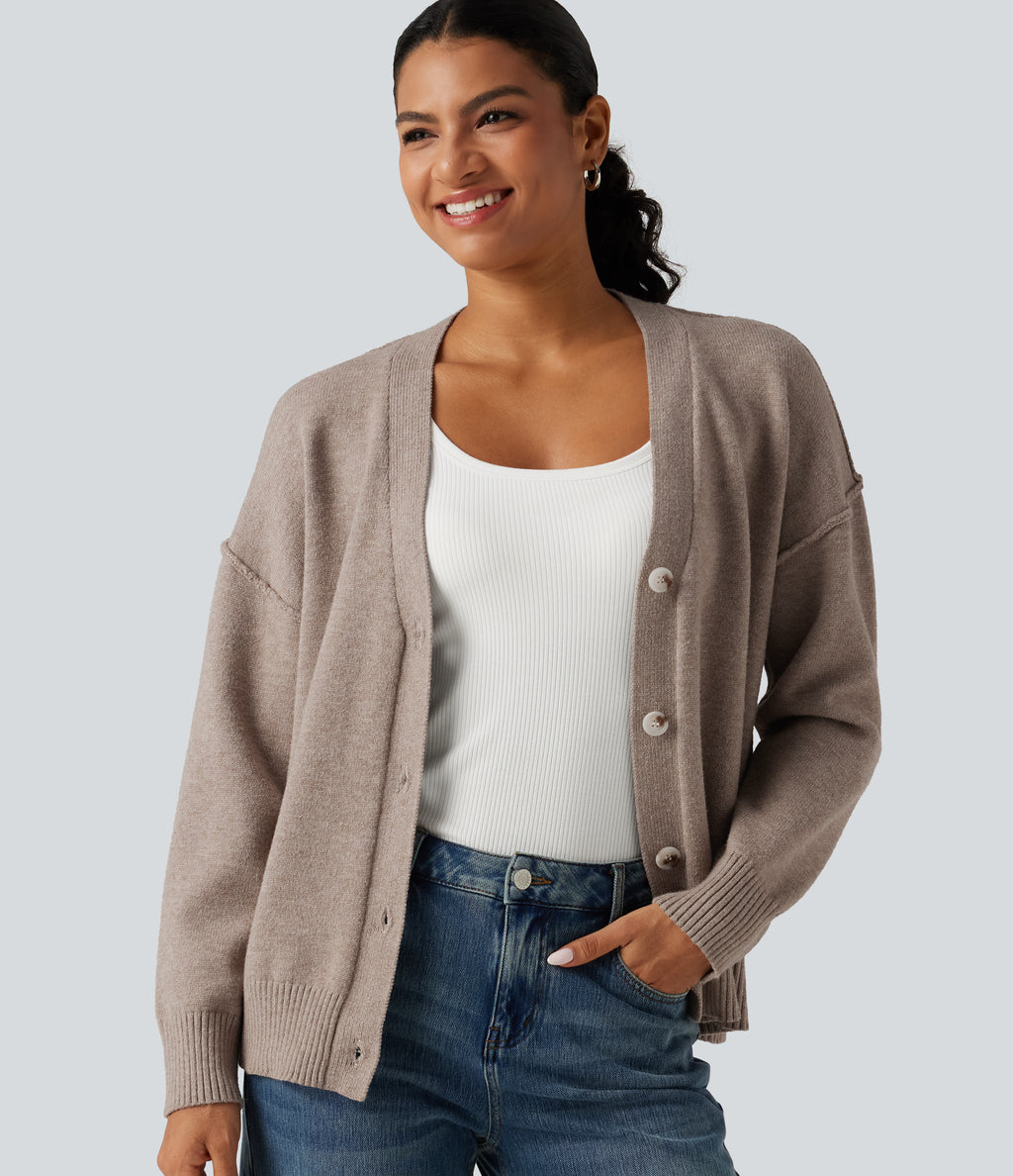 Dropped Long Sleeve Casual Cardigan — Light Taupe — view 1