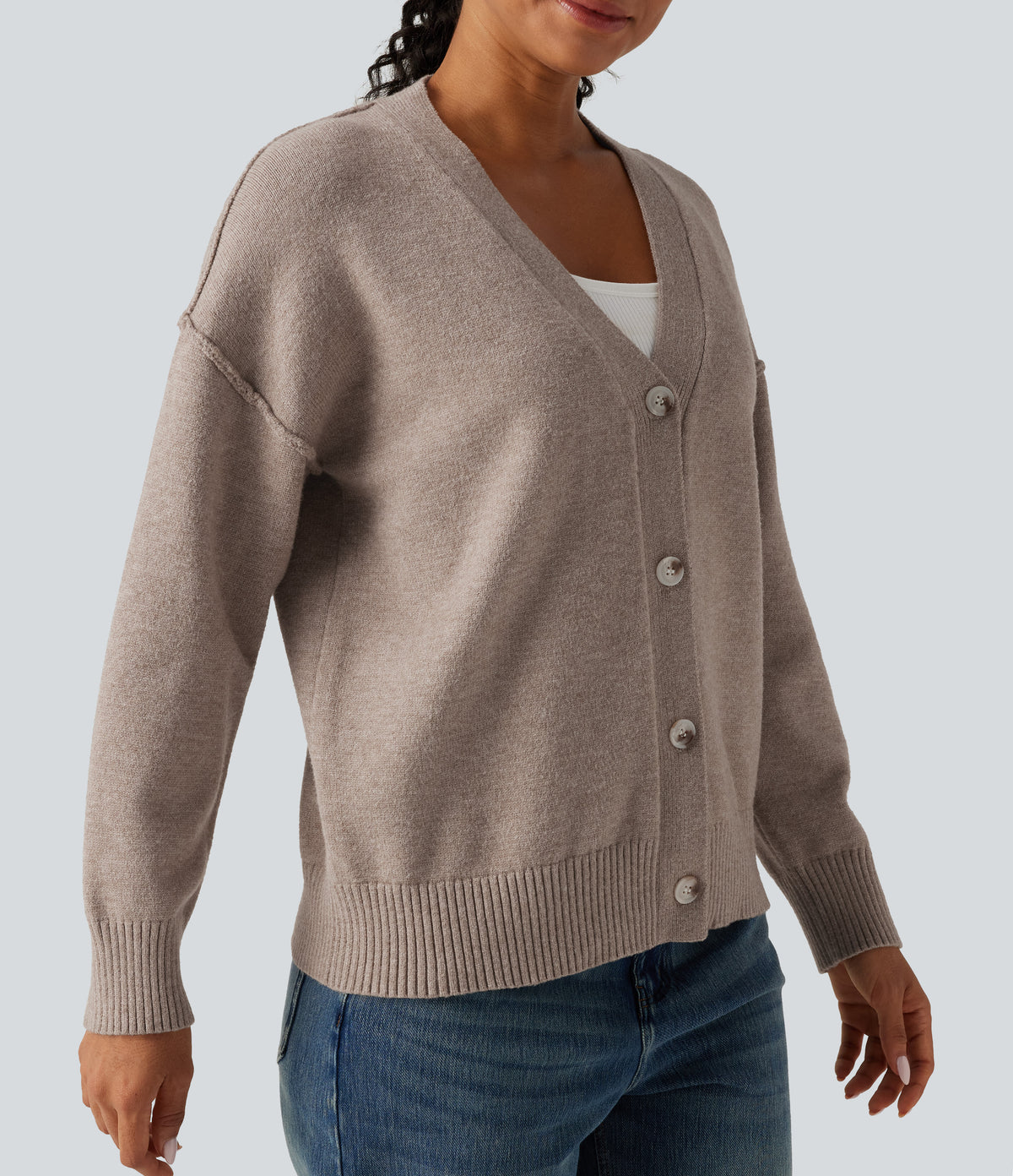 Dropped Long Sleeve Casual Cardigan — Light Taupe — view 6