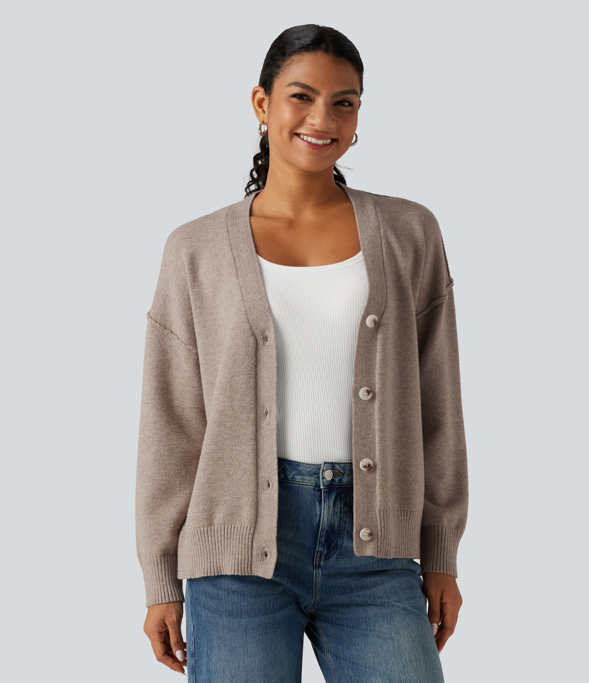 Dropped Long Sleeve Casual Cardigan — Light Taupe — view 4