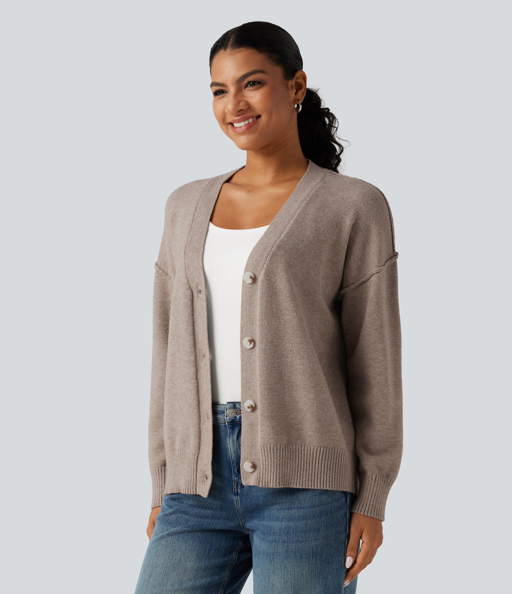 Dropped Long Sleeve Casual Cardigan — Light Taupe — view 3