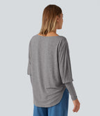 Boat Neck Long Batwing Sleeve Curved Hem Casual Wool-Blend Top — Nickel Cloud — view 2