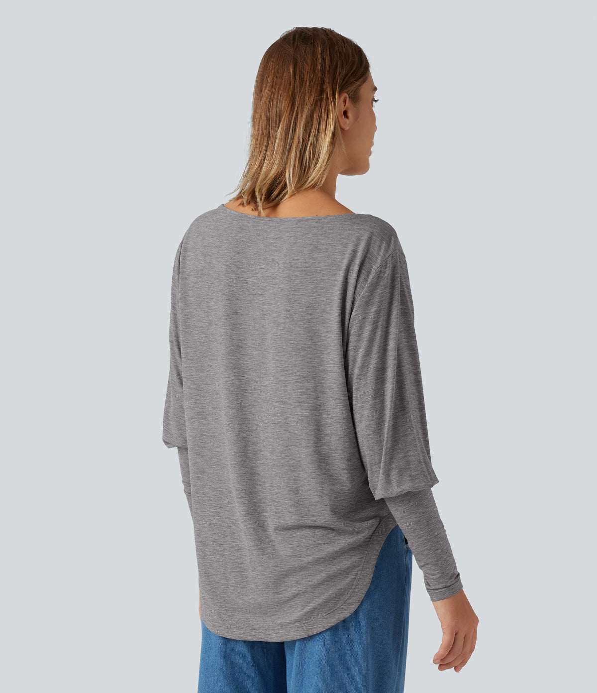 Boat Neck Long Batwing Sleeve Curved Hem Casual Wool-Blend Top — Nickel Cloud — view 2