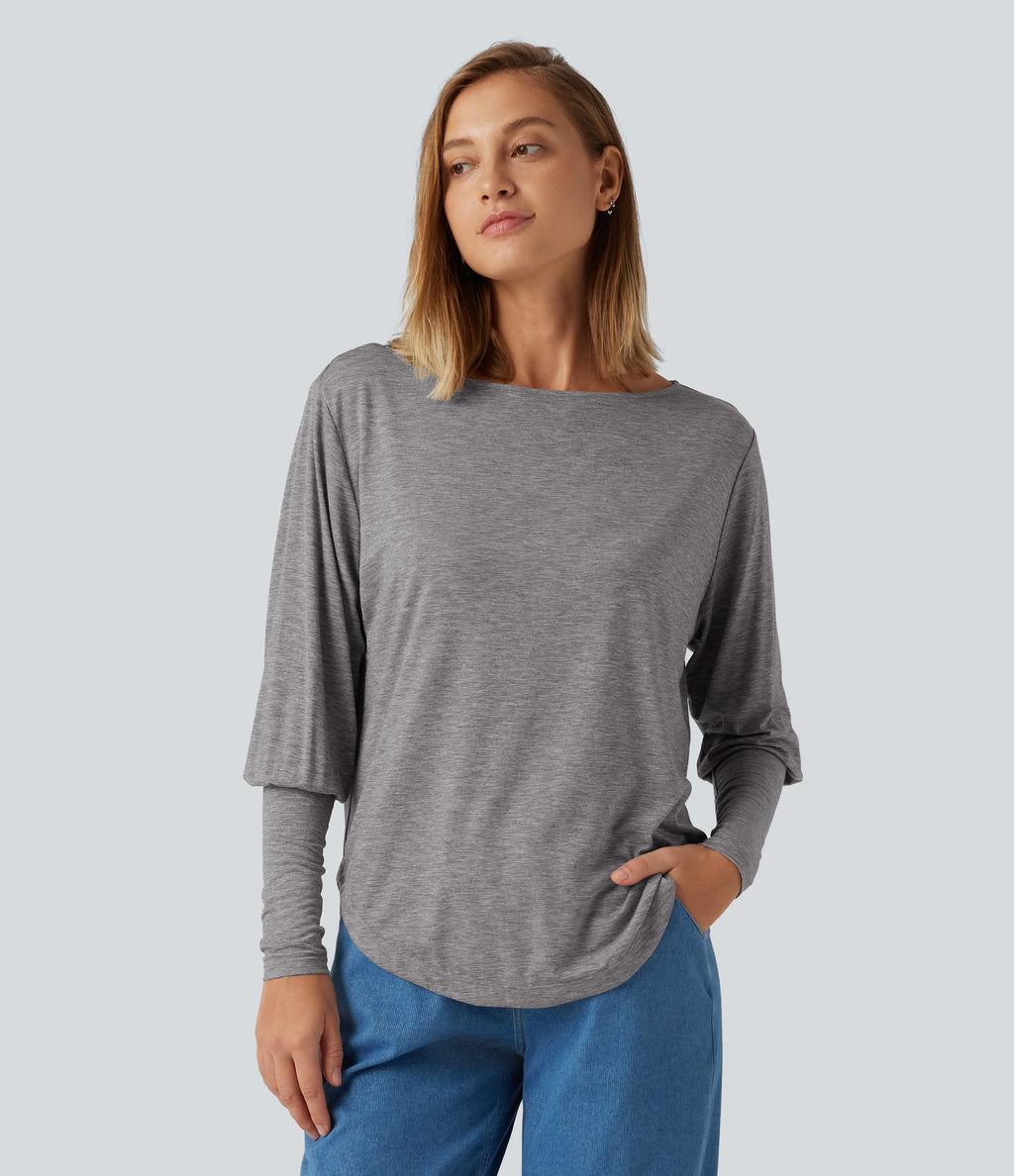Boat Neck Long Batwing Sleeve Curved Hem Casual Wool-Blend Top — Nickel Cloud — view 1