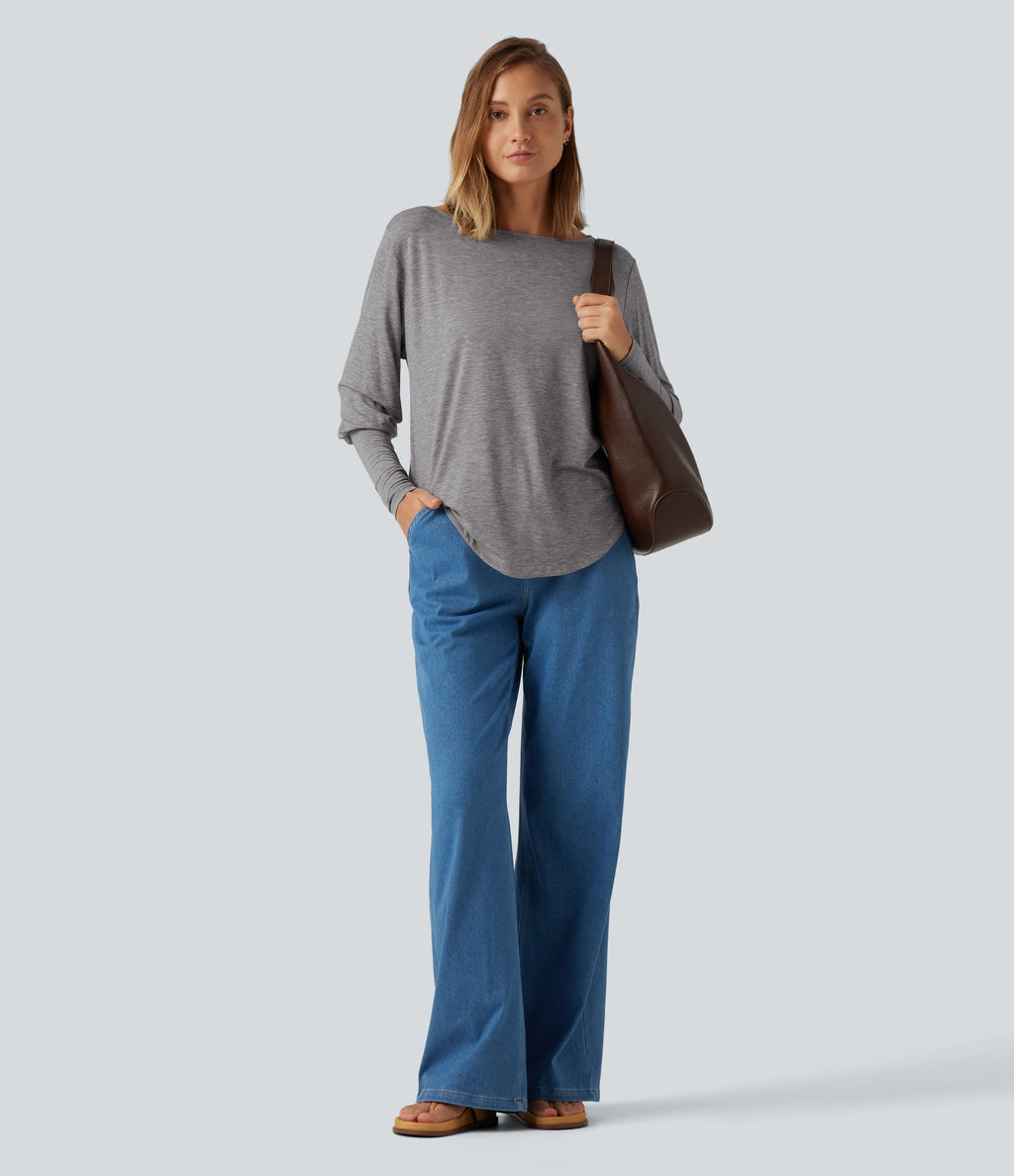 Boat Neck Long Batwing Sleeve Curved Hem Casual Wool-Blend Top — Nickel Cloud — view 5